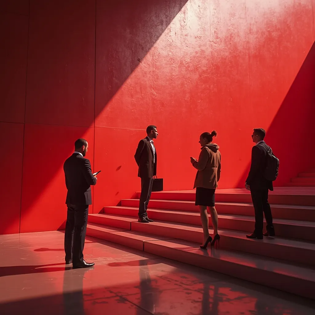 Equipo colaborando en una oficina moderna con acentos rojos